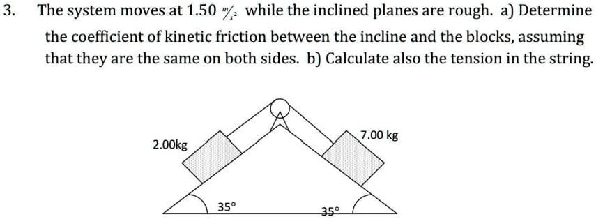 3. The system moves at 1.50 m/s^2 while the inclined planes are rough. a) Determine the coefficient of kinetic friction between the incline and the blocks, assuming that they are the same on both sides. b) Calculate also the tension in the string.
2.00kg
7.00 kg
35°
35°