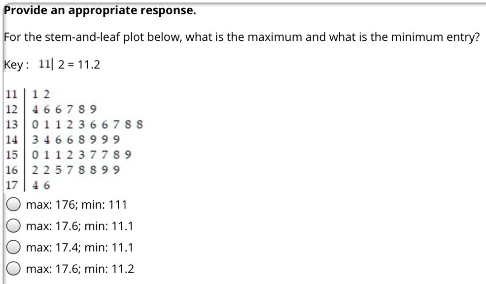Provide an appropriate response.
For the stem-and-leaf plot below, what is the maximum and what is the minimum entry?
Key : 11 | 2 = 11.2
11 | 1 2
12 | 4 6 6 7 8 9
13 | 0 1 1 2 3 6 6 7 8 8
14 | 3 4 6 6 8 9 9 9
15 | 0 1 1 2 3 7 7 8 9
16 | 2 2 5 7 8 8 9 9
17 | 4 6
max: 176; min: 111
max: 17.6; min: 11.1
max: 17.4; min: 11.1
max: 17.6; min: 11.2