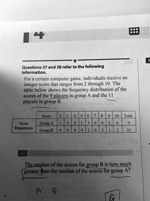 Questions 37 and 38 refer to the following
information.
For a certain computer game, individuals receive an
integer score that ranges from 2 through 10. The
table below shows the frequency distribution of the
scores of the 9 players in group A and the 11
players in group B.
Score | 2 | 3 | 4 | 5 | 6 | 7 | 8 | 9 | 10 | Total
Group A | 1 | 1 | 2 | 1 | 3 | 0 | 0 | 1 | 0 | 9
Group B | 0 | 0 | 0 | 4 | 2 | 0 | 2 | 1 | 2 | 11
The median of the scores for group B is how much
greater than the median of the scores for group A?