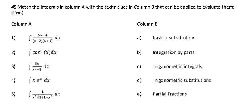 SOLVED:#5 Match the integrals in column A with the techniques in Column ...
