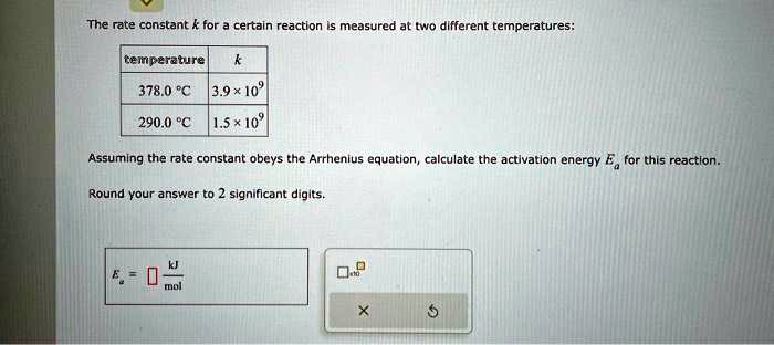 The rate constant k for a certain reaction is measured at two different ...