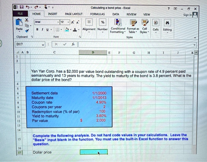 SOLVED Calculating a bond price Excel FORMULAS DATA REVIEW FILE HOME