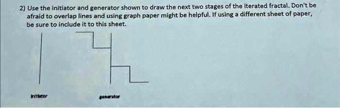 2) Use the initiator and generator shown to draw the next two stages of the iterated fractal. Don't be
afraid to overlap lines and using graph paper might be helpful. If using a different sheet of paper,
be sure to include it to this sheet.