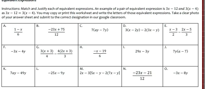 Instructions: Match and Justify each of equivalent expressions. An
