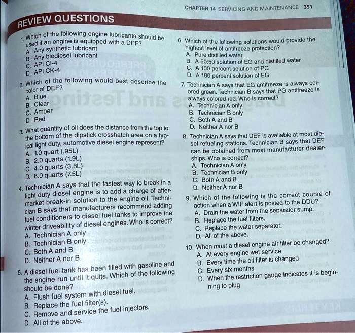 chapter 14 reviews light duty diesels need help highest level of antifreeze protection apure distilled water capi ci 4 ba 5050 solution of eg and distilled water dapick 4 c a 100 percent sol 34412