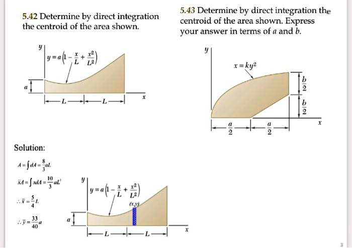 5.43 Determine by direct integration the centroid of the area shown ...