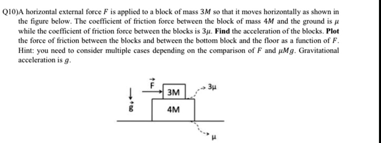 Q10)A horizontal external force F is applied to a block of mass 3M so that it moves horizontally as shown in
the figure below. The coefficient of friction force between the block of mass 4M and the ground is μ
while the coefficient of friction force between the blocks is 3μ. Find the acceleration of the blocks. Plot
the force of friction between the blocks and between the bottom block and the floor as a function of F.
Hint: you need to consider multiple cases depending on the comparison of F and μ Mg. Gravitational
acceleration is g.