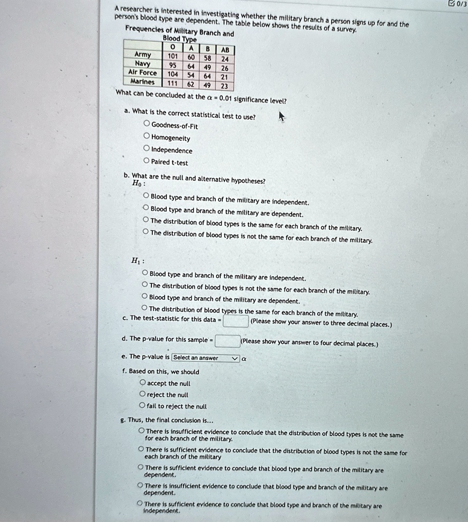 a researcher is interested in investigating whether the military branch a person signs up for and the persons blood type are dependent the table below shows the results of a survey frequenci 40479