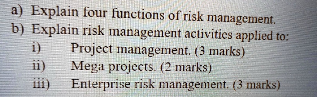 SOLVED: a) Explain four functions of risk management. b) Explain risk ...