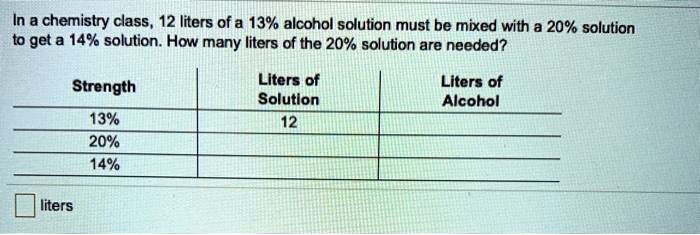 in a chemistry class 12 liters of a 13 alcohol solution must be mixed with a 20 solution to get ...