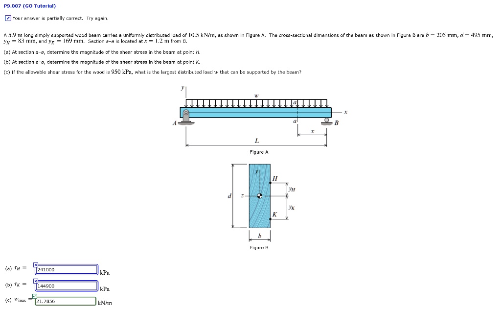 SOLVED: A 5.9 m long simply supported wood beam carries a uniformly ...
