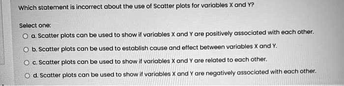 Which statement is incorrect about the use of Scatter plots for variables X and Y?
Select one:
Oa. Scatter plots can be used to show if variables X and Y are positively associated with each other.
Ob. Scatter plots can be used to establish cause and effect between variables X and Y.
Oc. Scatter plots can be used to show if variables X and Y are related to each other.
Od. Scatter plots can be used to show if variables X and Y are negatively associated with each other.
