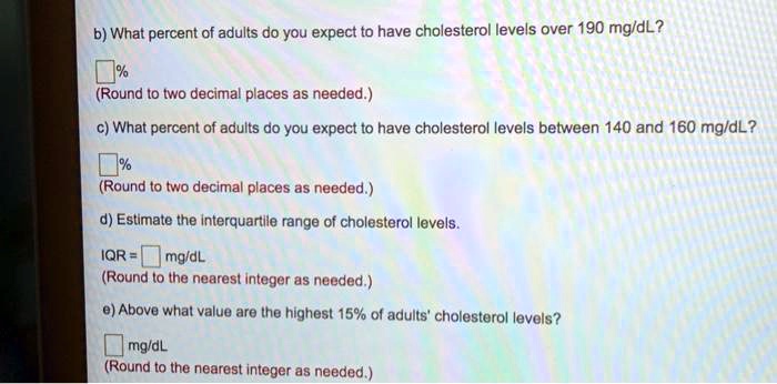 b) What percent of adults do you expect to have cholesterol levels over 190 mg/dL?
%
(Round to two decimal places as needed.)
c) What percent of adults do you expect to have cholesterol levels between 140 and 160 mg/dL?
%
(Round to two decimal places as needed.)
d) Estimate the interquartile range of cholesterol levels.
IQR = mg/dL
(Round to the nearest integer as needed.)
e) Above what value are the highest 15% of adults' cholesterol levels?
mg/dL
(Round to the nearest integer as needed.)