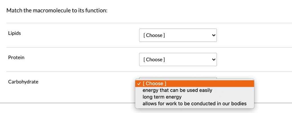 Match the macromolecule to its function:

Lipids [ Choose ]
Protein [ Choose ]
Carbohydrate [ Choose ]
energy that can be used easily
long term energy
allows for work to be conducted in our bodies