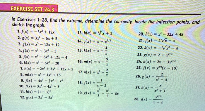Solved Exercise Set 24 3 In Exercises 1 28 Find The Extrema Determine The Concavity Locate The Inflection Points And Sketch The Graph 1 F 3x 12x Hw Vx 2 H X X