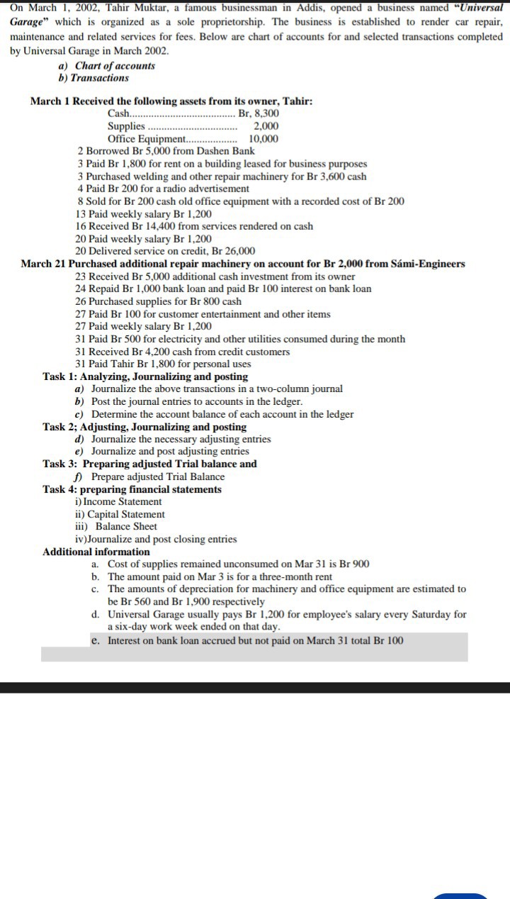 On March 1, 2002, Tahir Muktar, a famous businessman in Addis, opened a business named "Universal Garage" which is organized as a sole proprietorship. The business is established to render car repair, maintenance and related services for fees. Below are chart of accounts for and selected transactions completed by Universal Garage in March 2002.
a) Chart of accounts
b) Transactions
March 1 Received the following assets from its owner, Tahir:
Cash. Br, 8,300
Supplies 2,000
Office Equipment.................... 10,000
2 Borrowed Br 5,000 from Dashen Bank
3 Paid Br 1,800 for rent on a building leased for business purposes
3 Purchased welding and other repair machinery for Br 3,600 cash
4 Paid Br 200 for a radio advertisement
8 Sold for Br 200 cash old office equipment with a recorded cost of Br 200
13 Paid weekly salary Br 1,200
16 Received Br 14,400 from services rendered on cash
20 Paid weekly salary Br 1,200
20 Delivered service on credit, Br 26,000
March 21 Purchased additional repair machinery on account for Br 2,000 from Sámi-Engineers
23 Received Br 5,000 additional cash investment from its owner
24 Repaid Br 1,000 bank loan and paid Br 100 interest on bank loan
26 Purchased supplies for Br 800 cash
27 Paid Br 100 for customer entertainment and other items
27 Paid weekly salary Br 1,200
31 Paid Br 500 for electricity and other utilities consumed during the month
31 Received Br 4,200 cash from credit customers
31 Paid Tahir Br 1,800 for personal uses
Task 1: Analyzing, Journalizing and posting
a) Journalize the above transactions in a two-column journal
b) Post the journal entries to accounts in the ledger.
c) Determine the account balance of each account in the ledger
Task 2; Adjusting, Journalizing and posting
d) Journalize the necessary adjusting entries
e) Journalize and post adjusting entries
Task 3: Preparing adjusted Trial balance and
f) Prepare adjusted Trial Balance
Task 4: preparing financial statements
i) Income Statement
ii) Capital Statement
iii) Balance Sheet
iv)Journalize and post closing entries
Additional information
a. Cost of supplies remained unconsumed on Mar 31 is Br 900
b. The amount paid on Mar 3 is for a three-month rent
c. The amounts of depreciation for machinery and office equipment are estimated to be Br 560 and Br 1,900 respectively
d. Universal Garage usually pays Br 1,200 for employee's salary every Saturday for a six-day work week ended on that day.
e. Interest on bank loan accrued but not paid on March 31 total Br 100