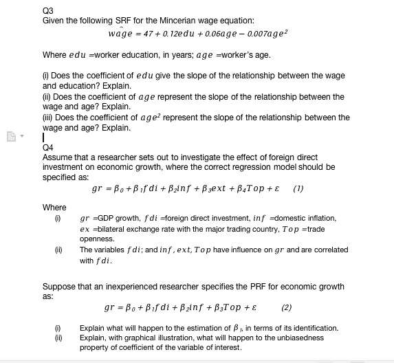 SOLVED: Q3 Given the following SRF for the Mincerian wage equation ...