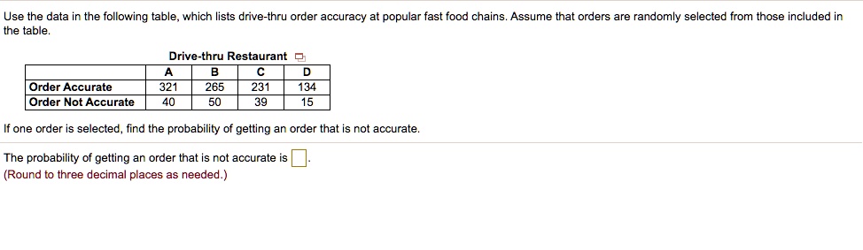 SOLVED: Use the data in the following table which lists drive-thru ...