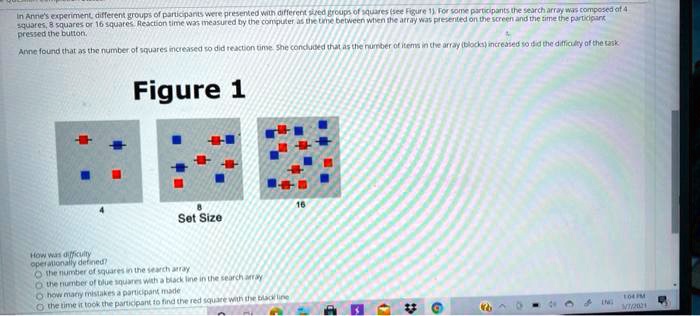 in Anne's experiment, different groups of participants were presented with different sized groups of squares (see Figure 1). For some participants the search array was composed of 4
squares, 8 squares or 16 squares. Reaction time was measured by the computer as the time between when the array was presented on the screen and the time the participant
pressed the button.
Anne found that as the number of squares increased so did reaction time. She concluded that as the number of items in the array (blocks) increased so did the difficulty of the task
Figure 1
How was difficulty
operationally defined?
the number of squares in the search array
the number of blue squares with a black line in the search array
how many mistakes a participant made
the time it took the participant to find the red square with the black line