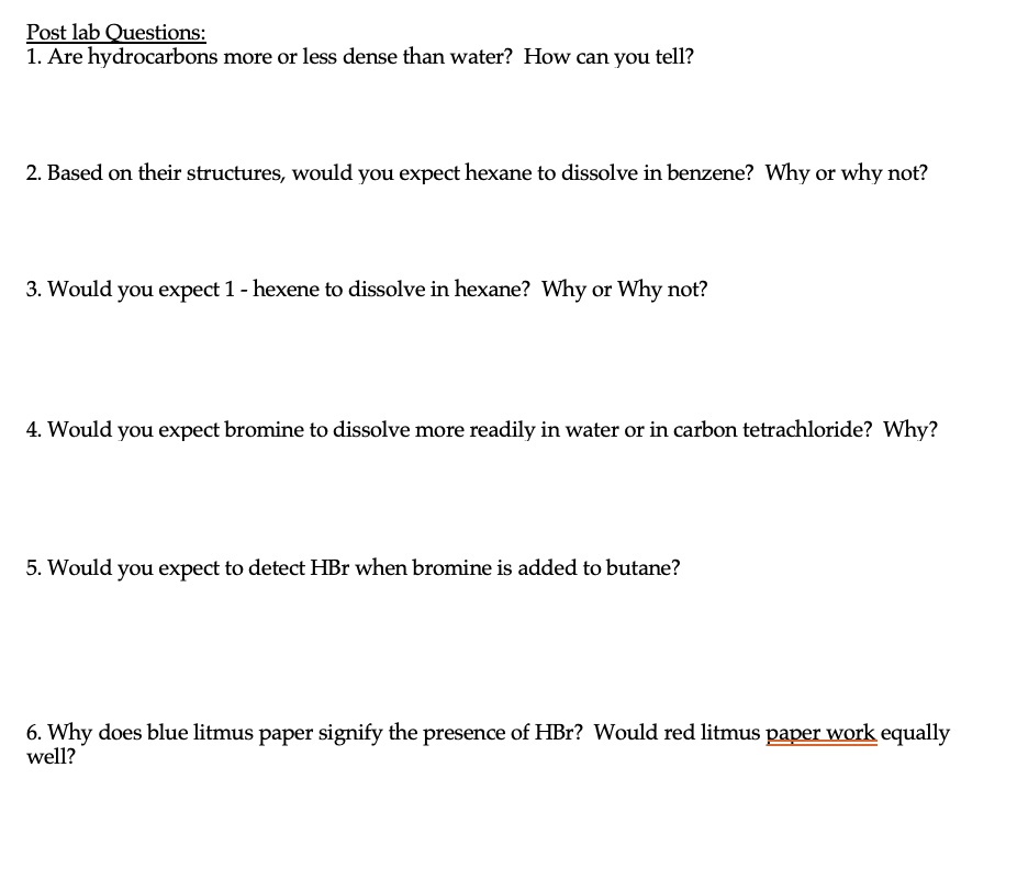 SOLVED Post lab Questions 1. Are hydrocarbons more or less dense than