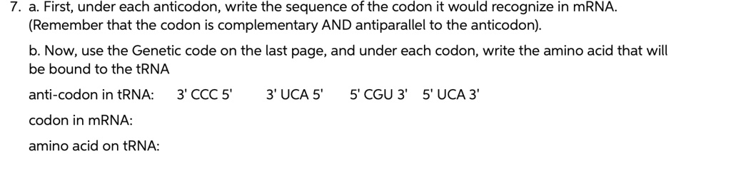 SOLVED: 7. a. First, under each anticodon, write the sequence of the ...