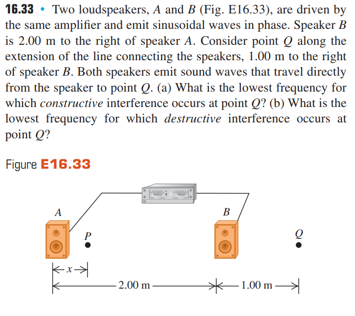 16.33 Two loudspeakers, A and B (Fig. E16.33), are driven by the same amplifier and emit
