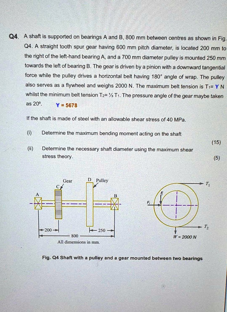 Q4. A shaft is supported on bearings A and B, 800 mm between centres as shown in Fig. Q4. A straight tooth spur gear having 600 mm pitch diameter, is located 200 mm to the right of the left-hand bearing A, and a 700 mm diameter pulley is mounted 250 mm towards the left of bearing B. The gear is driven by a pinion with a downward tangential force while the pulley drives a horizontal belt having 180° angle of wrap. The pulley also serves as a flywheel and weighs 2000 N. The maximum belt tension is T1 = Y N whilst the minimum belt tension T2 = ? T1. The pressure angle of the gear maybe taken as 20°.

Y = 5678

If the shaft is made of steel with an allowable shear stress of 40 MPa.

(i) Determine the maximum bending moment acting on the shaft (15)
(ii) Determine the necessary shaft diameter using the maximum shear stress theory. (5)

Gear D Pulley
C A B
200 250
800
All dimensions in mm.
Fig. Q4 Shaft with a pulley and a gear mounted between two bearings
Fr Ft T1 T2 W = 2000 N
