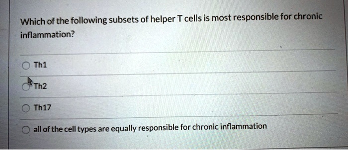 Which of the following subsets of helper T cells is most responsible for chronic inflammation?

Th1
Th2
Th17
all of the cell types are equally responsible for chronic inflammation