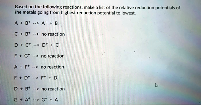 Based on the following reactions, make a list of the relative reduction potentials of the metals going from highest reduction potential to lowest.

A + B+ –> A+ + B
C + B+ –> no reaction
D + C+ –> D+ + C
F + G+ –> no reaction
A + F+ –> no reaction
F + D+ –> F+ + D
D + B+ –> no reaction
G + A+ –> G+ + A