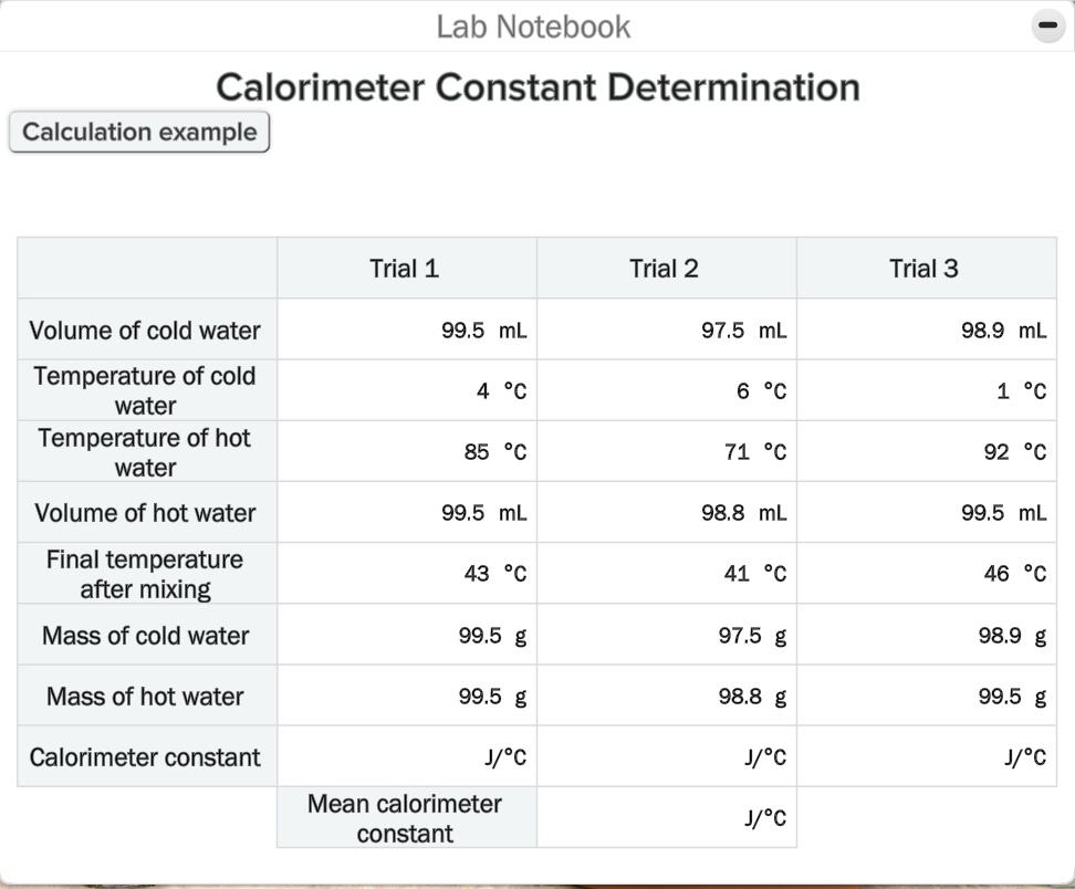 SOLVED Lab Notebook Calorimeter Constant Determination Calculation
