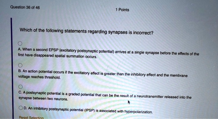Which of the following statements regarding synapses is incorrect?
A. When a second EPSP (excitatory postsynaptic potential) arrives at a single synapse before the effects of the first have disappeared spatial summation occurs.
B. An action potential occurs if the excitatory effect is greater than the inhibitory effect and the membrane voltage reaches threshold.
C. A postsynaptic potential is a graded potential that can be the result of a neurotransmitter released into the synapse between two neurons.
D. An inhibitory postsynaptic potential (IPSP) is associated with hyperpolarization.