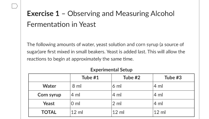 SOLVED: Exercise 1: and Measuring Alcohol Fermentation in Yeast following amounts of yeast solution, and corn syrup (a source of sugar) are first mixed in small Yeast is
