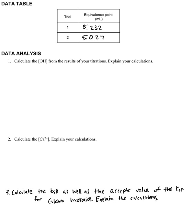 SOLVED DATA TABLE Equivalence point (mL) Trial 5.232 5027 DATA