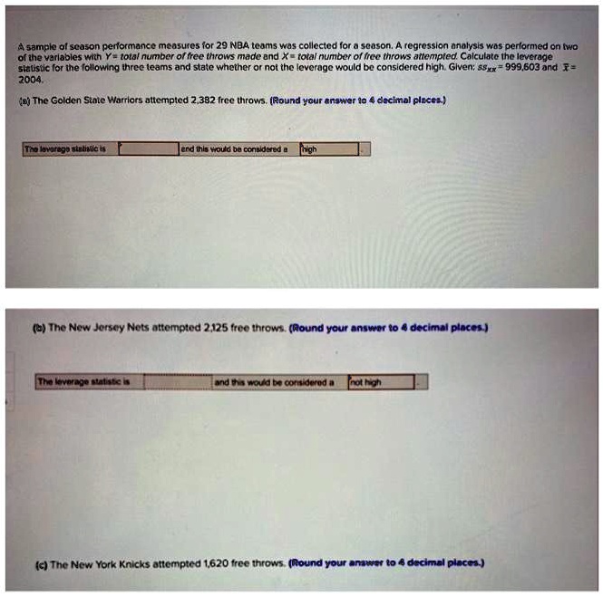 SOLVED A sample of season performance measures for 29 NBA teams was