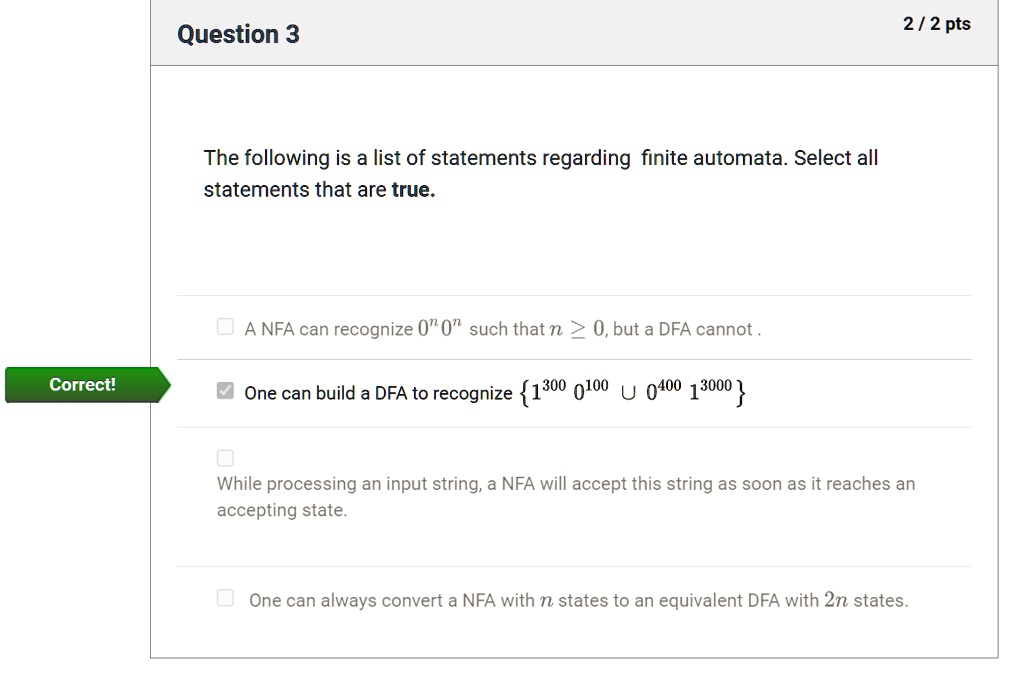 please tell me the explanation for each choice question 3 2 2 pts the following is a list of statements regarding finite automata select all statements that are true a nfa can recognize 00 s 41774
