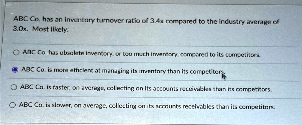 abcco has an inventory turnover ratio of 34x compared to the industry ...
