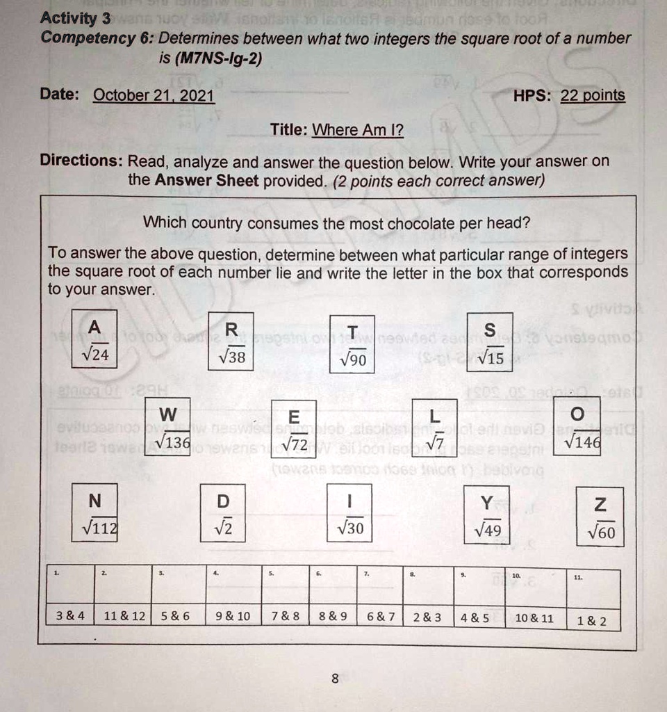 Activity 3
Competency 6: Determines between what two integers the square root of a number
is (M7NS-lg-2)
Date: October 21, 2021
HPS: 22 points
Title: Where Am I?
Directions: Read, analyze and answer the question below. Write your answer on
the Answer Sheet provided. (2 points each correct answer)
Which country consumes the most chocolate per head?
To answer the above question, determine between what particular range of integers
the square root of each number lie and write the letter in the box that corresponds
to your answer.
A
?24
R
?38
T
?90
S
?15
W
?136
E
?72
L
?7
O
?146
N
?112
D
?2
I
?30
Y
?49
Z
?60
1. 3     4
2. 11     12
3. 5     6
4. 9     10
5. 7     8
6. 8     9
7. 6     7
8. 2     3
9. 4     5
10. 10     11
11. 1     2