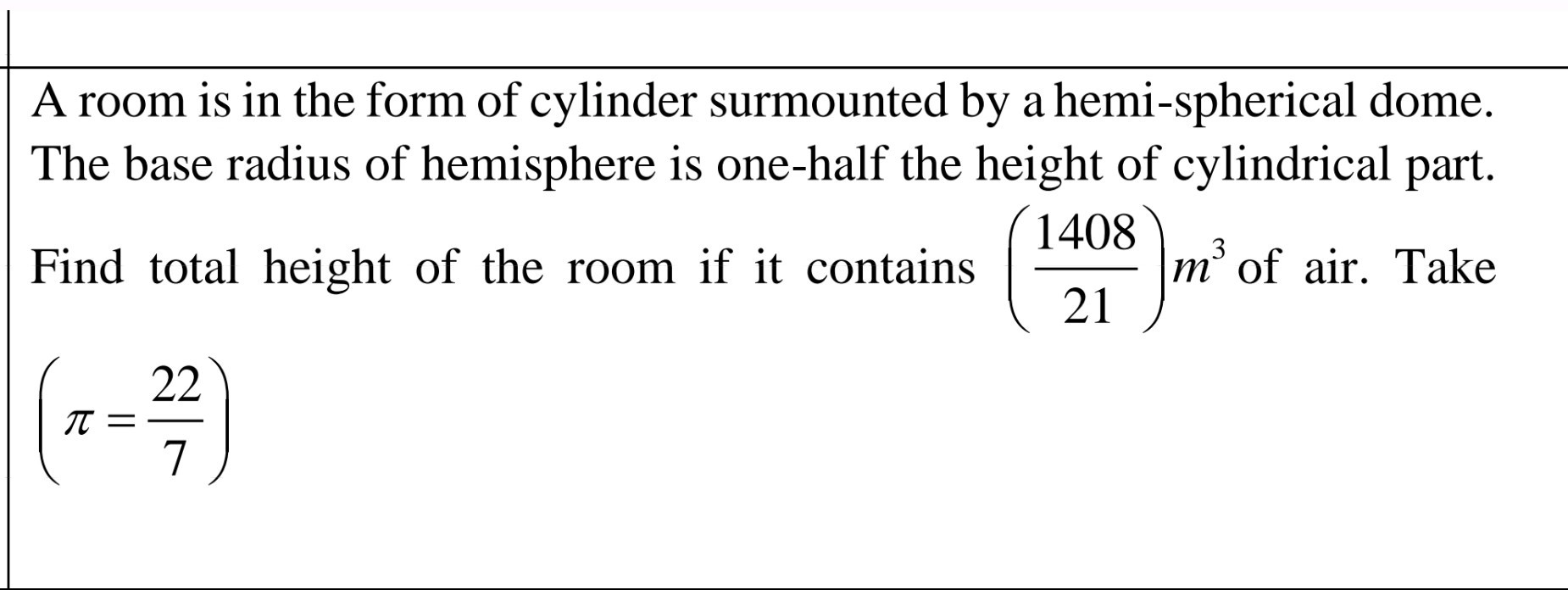 A room is in the form of cylinder surmounted by a hemi-spherical dome ...