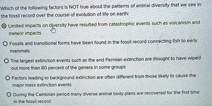 Which of the following factors is NOT true about the patterns of animal diversity that we see in the fossil record over the course of evolution of life on earth:

Limited impacts on diversity have resulted from catastrophic events such as volcanism and meteor impacts

Fossils and transitional forms have been found in the fossil record connecting fish to early mammals

The largest extinction events such as the end Permian extinction are thought to have wiped out more than 80 percent of the genera in some groups

Factors leading to background extinction are often different from those likely to cause the major mass extinction events

During the Cambrian period many diverse animal body plans are recovered for the first time in the fossil record