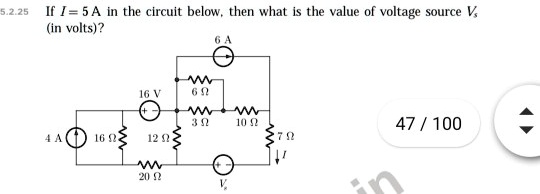 If I = 5 A in the circuit below, then what is the value of voltage source Vs (in volts)?