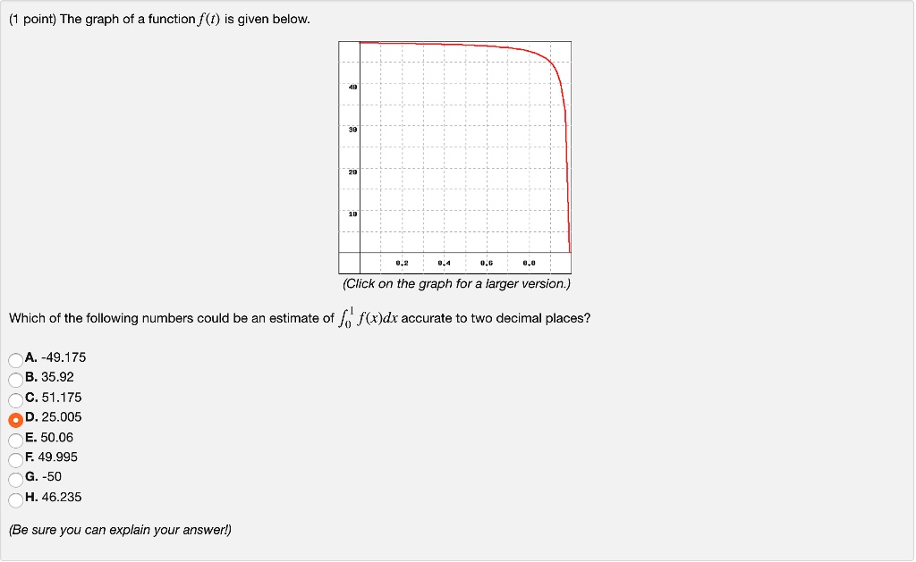 The graph of a function f(t) is given below.
Which of the following numbers could be an estimate of ??¹ f(x)dx accurate to two decimal places?
A. -49.175
B. 35.92
C. 51.175
D. 25.005
E. 50.06
F. 49.995
G. -50
H. 46.235
(Be sure you can explain your answer!)