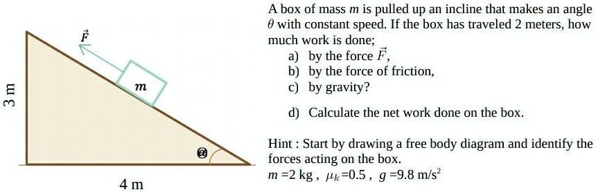 A box of mass m is pulled up an incline that makes an angle ? with constant speed. If the box has traveled 2 meters, how much work is done;
a) by the force F,
b) by the force of friction,
c) by gravity?

d) Calculate the net work done on the box.

Hint : Start by drawing a free body diagram and identify the forces acting on the box.
m = 2 kg , ?k = 0.5 , g = 9.8 m/s^2
3 m
4 m