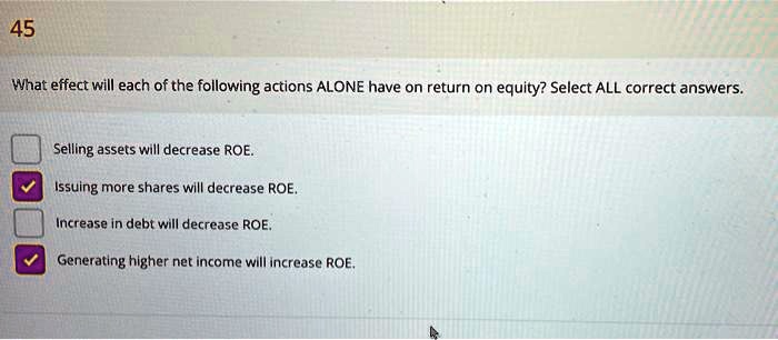 What effect will each of the following actions ALONE have on return on equity? Select ALL correct answers.
Selling assets will decrease ROE.
Issuing more shares will decrease ROE.
Increase in debt will decrease ROE.
Generating higher net income will increase ROE.
