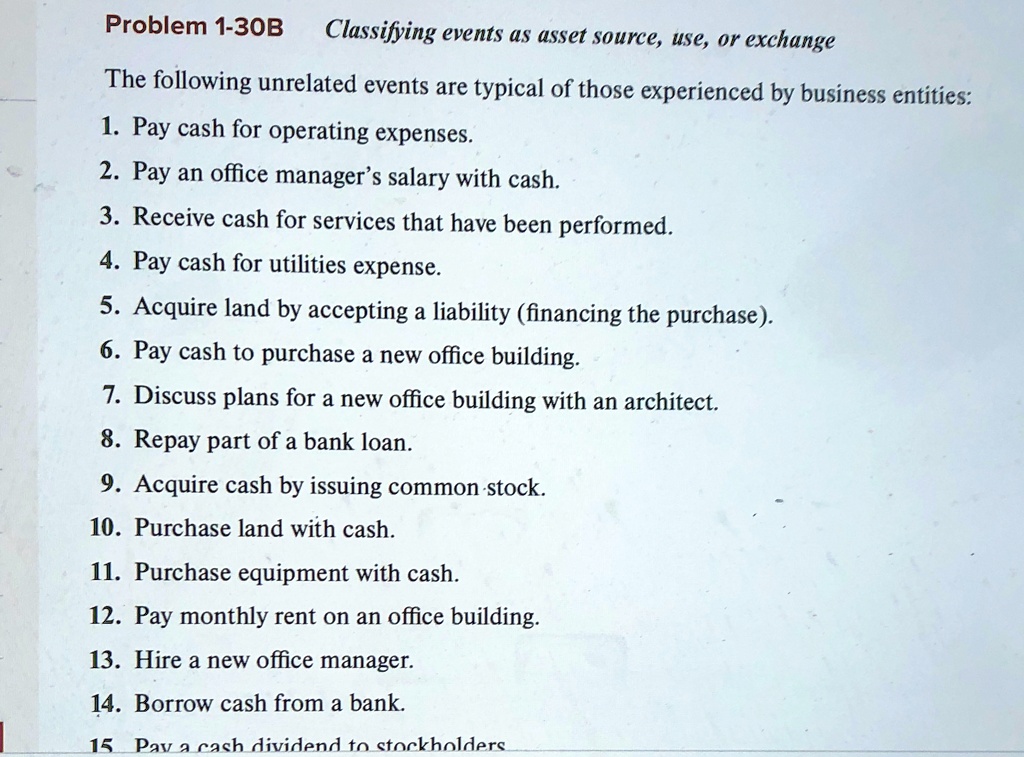 Problem 1-30B
Classifying events as asset source, use, or exchange
The following unrelated events are typical of those experienced by business entities:
1. Pay cash for operating expenses.
2. Pay an office manager's salary with cash.
3. Receive cash for services that have been performed.
4. Pay cash for utilities expense.
5. Acquire land by accepting a liability (financing the purchase).
6. Pay cash to purchase a new office building.
7. Discuss plans for a new office building with an architect.
8. Repay part of a bank loan.
9. Acquire cash by issuing common stock.
10. Purchase land with cash.
11. Purchase equipment with cash.
12. Pay monthly rent on an office building.
13. Hire a new office manager.
14. Borrow cash from a bank.
15 Pay a cash dividend to stockholders