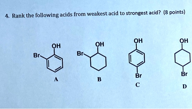 SOLVED: 4. Rank the following acids from weakest acid to strongest acid ...
