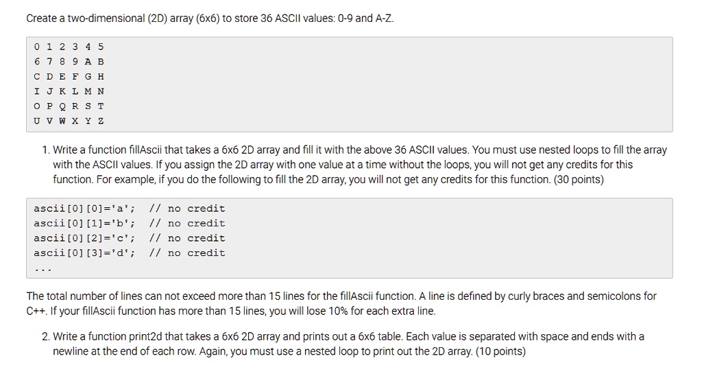 SOLVED: Create a two-dimensional (2D) array (6x6) to store 36 ASCII ...