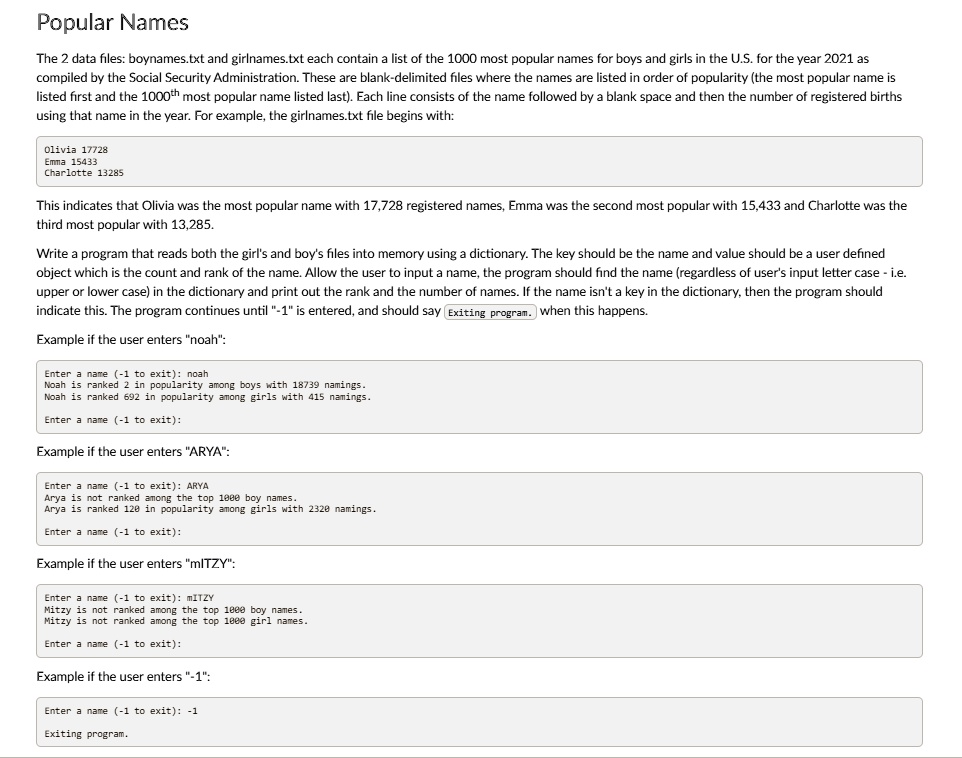 SOLVED: Popular Names The two data files, boynames.txt and girlnames ...