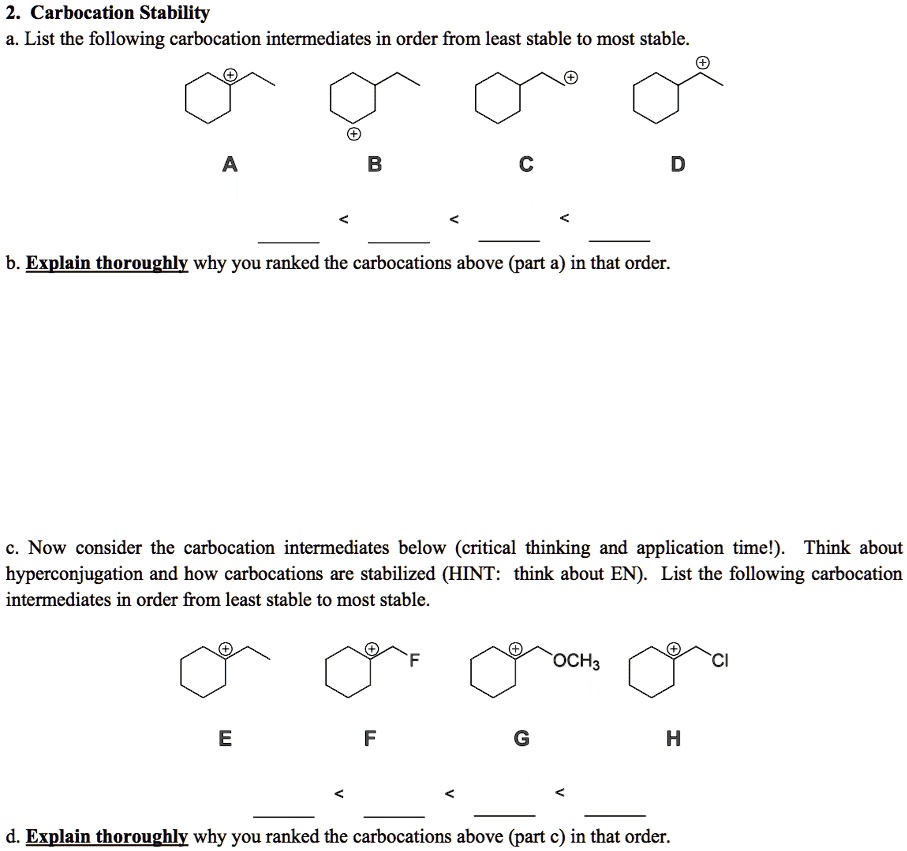 SOLVED' 2. Carbocation Stability a. List the following carbocation