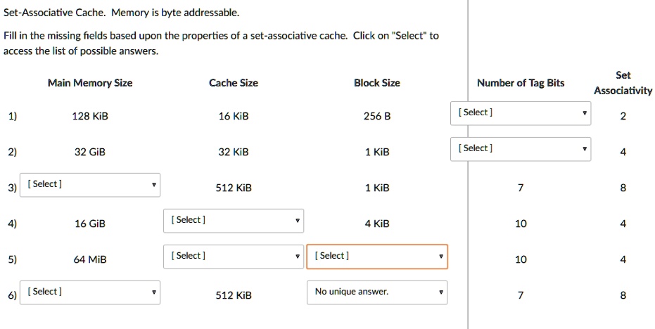 SOLVED: Only block size has no unique answer. Set-Associative Cache ...