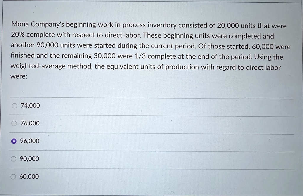 mona companys beginning work in process inventory consisted of 20000 units that were 20 complete with respect to direct labor these beginning units were completed and another 90000 units wer 64616